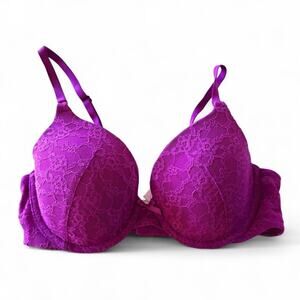 Victoria’s Secret Bra 34C Lined Perfect Coverage Lace Floral Dark Pink